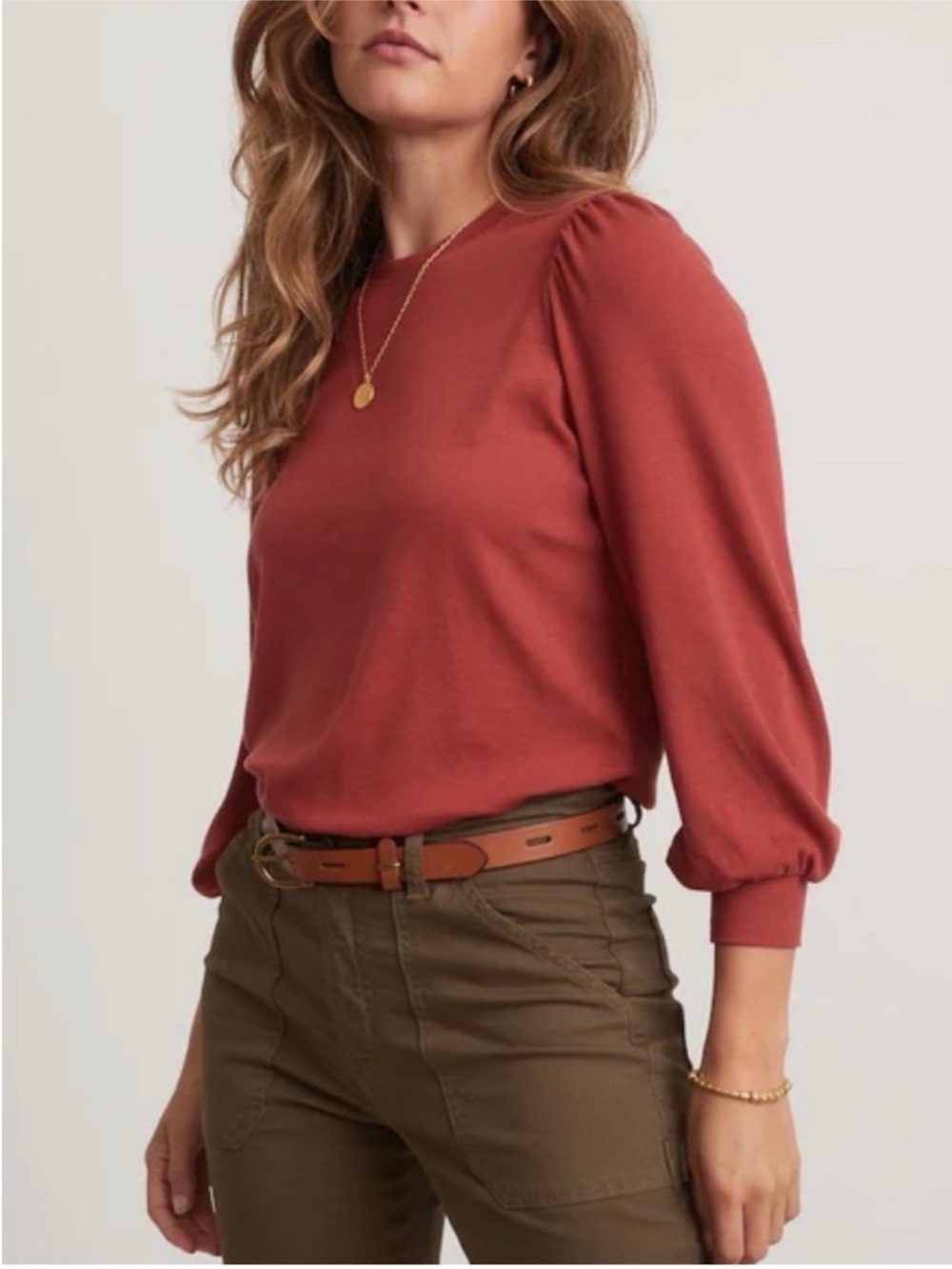 Marine Layer Lexi Ribbed Puff Sleeve Top Rust Red Size XL